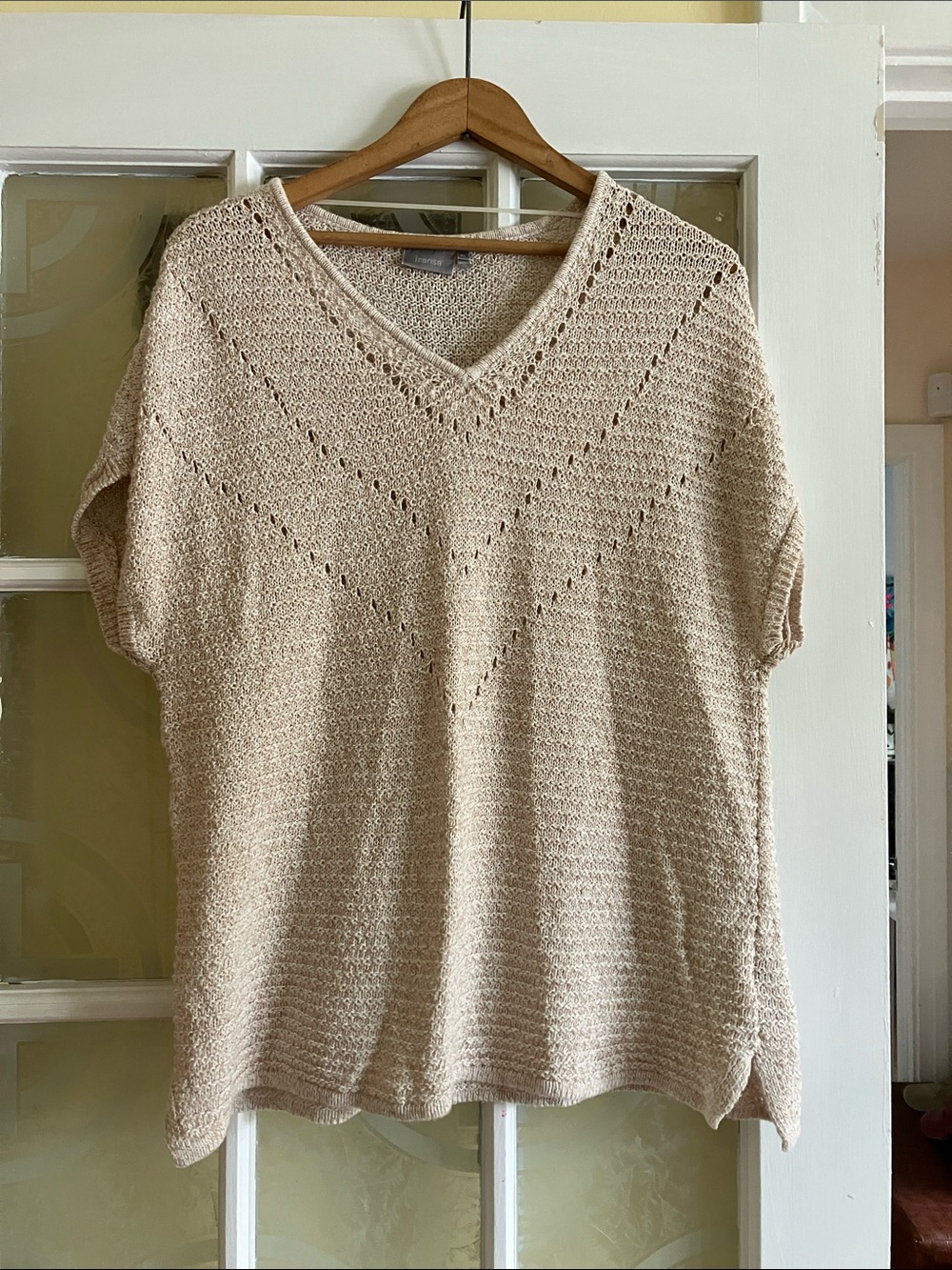 V-Neck Knit Short Sleeve Top - Crochet Linen and Cotton Blend Like New